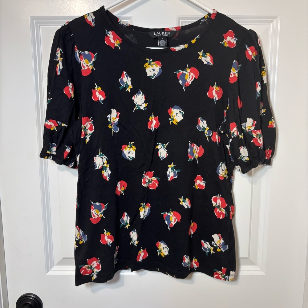 Lauren Ralph Lauren Black Floral U-Boat Neck Blouse Size M